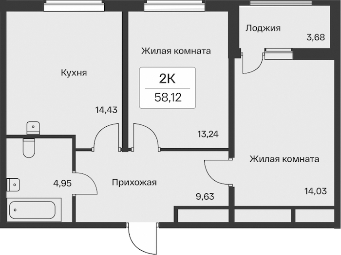 2-комнатная квартира 58.12 м², 8/11 эт., ЖК «Расцветай в Янино»